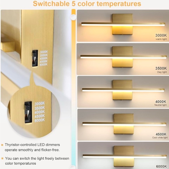 Modern Bathroom Vanity Light Fixture 16 Inch, 14W Brushed Gold Dimmable 5CCT LED - Picture 4 of 7